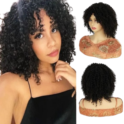 W&H natural black curly machine made no lace human hair wig