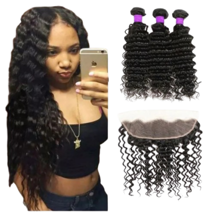 W&H natural black deep wave hair weave human hair 3 hair bundles with 13x4 lace frontal